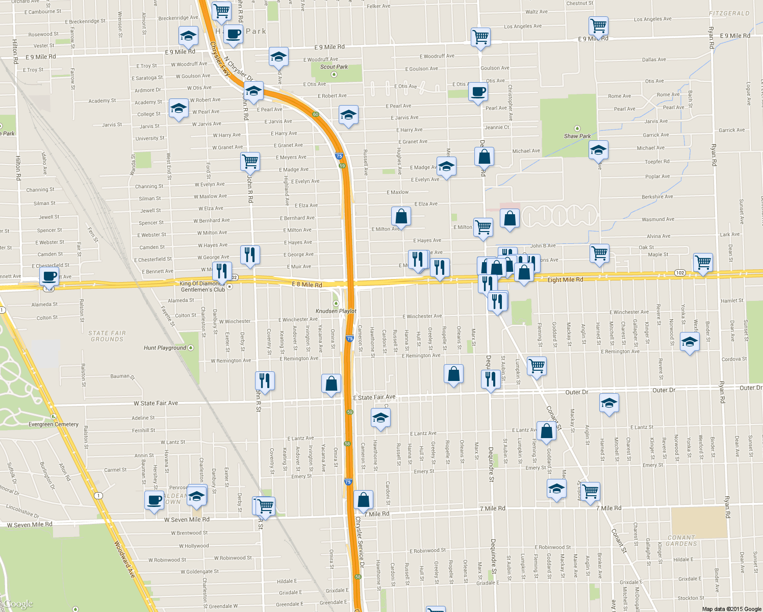 map of restaurants, bars, coffee shops, grocery stores, and more near 20445 Cardoni St in Highland Park