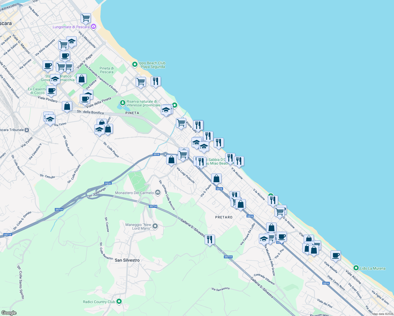 map of restaurants, bars, coffee shops, grocery stores, and more near Via Italo de Sanctis in Pescara