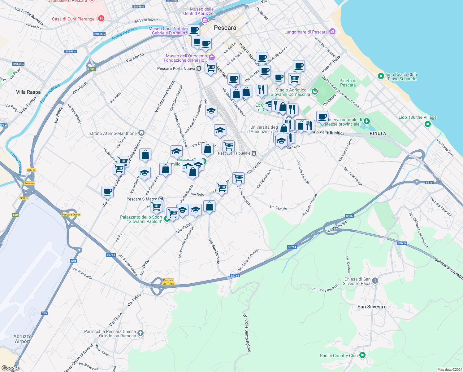 map of restaurants, bars, coffee shops, grocery stores, and more near 173 Via Tirino in Pescara
