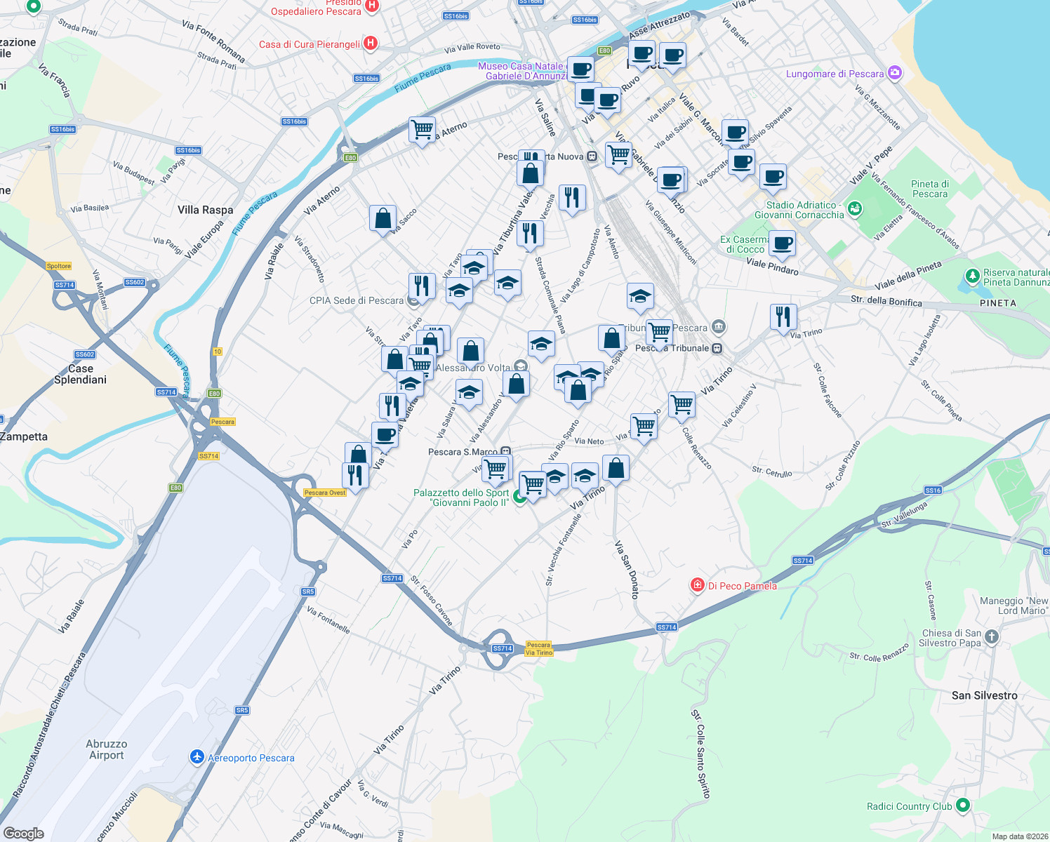 map of restaurants, bars, coffee shops, grocery stores, and more near 23 Via Neto in Pescara