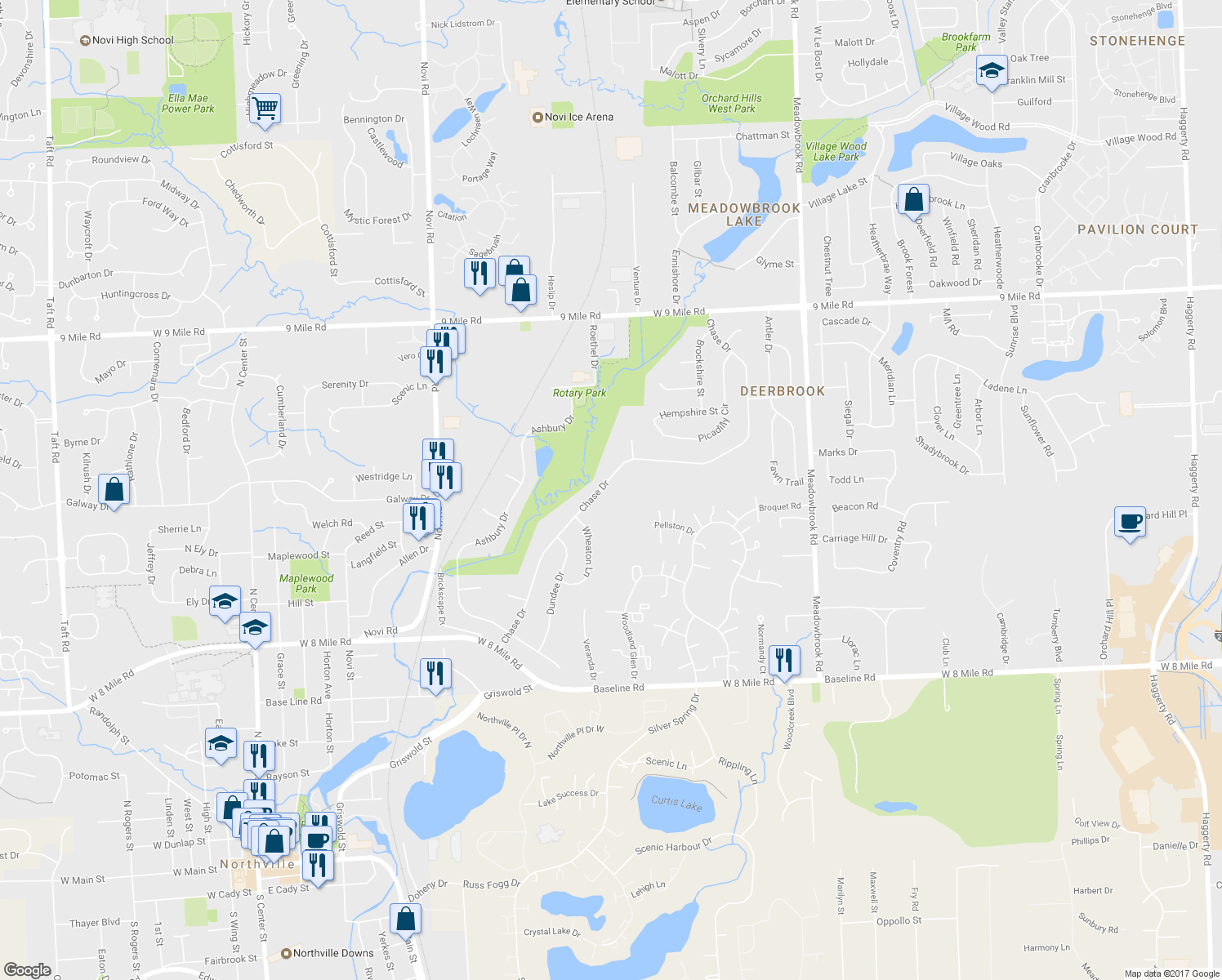 map of restaurants, bars, coffee shops, grocery stores, and more near 21452 Chase Drive in Novi