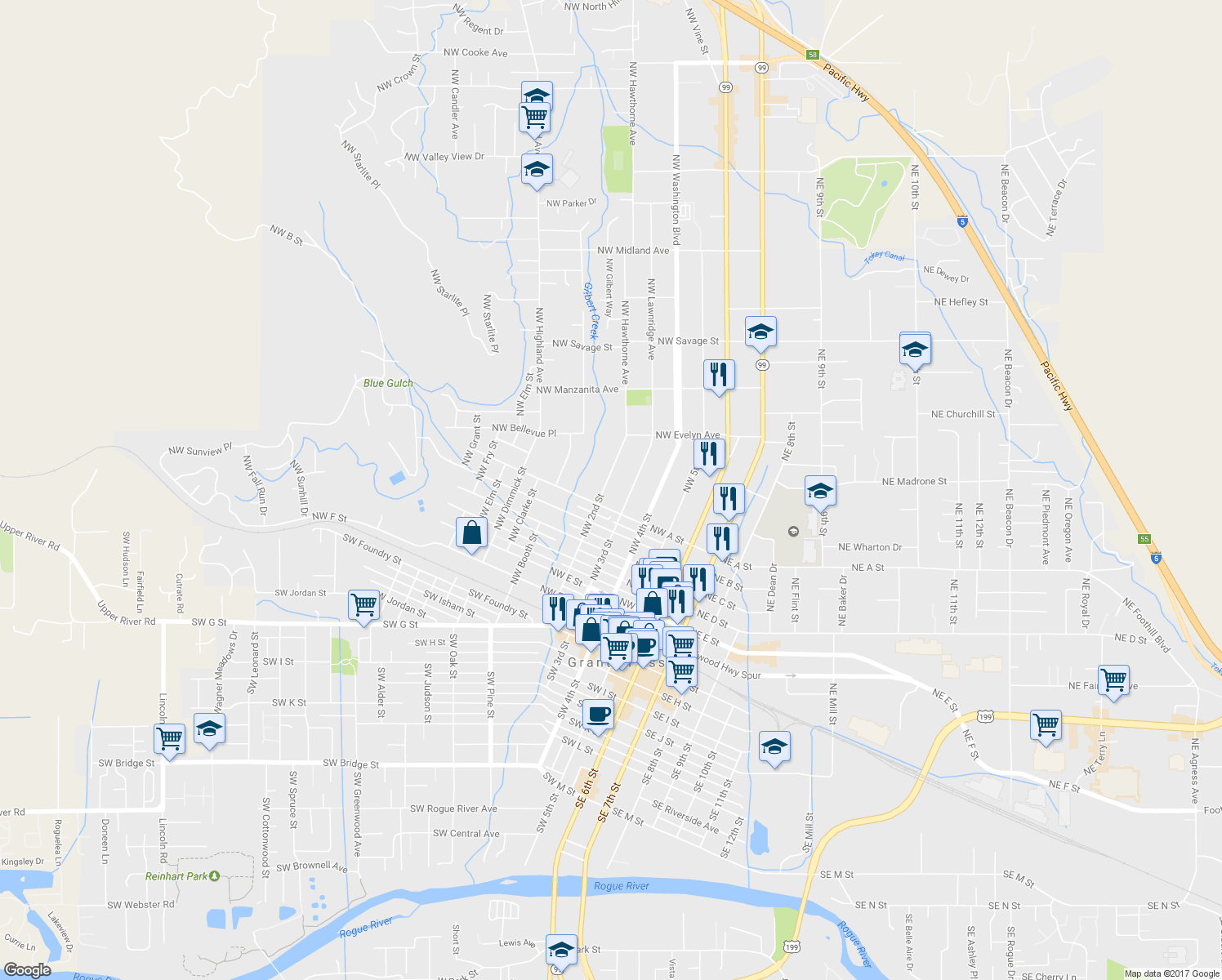 map of restaurants, bars, coffee shops, grocery stores, and more near 721 Northwest 2nd Street in Grants Pass
