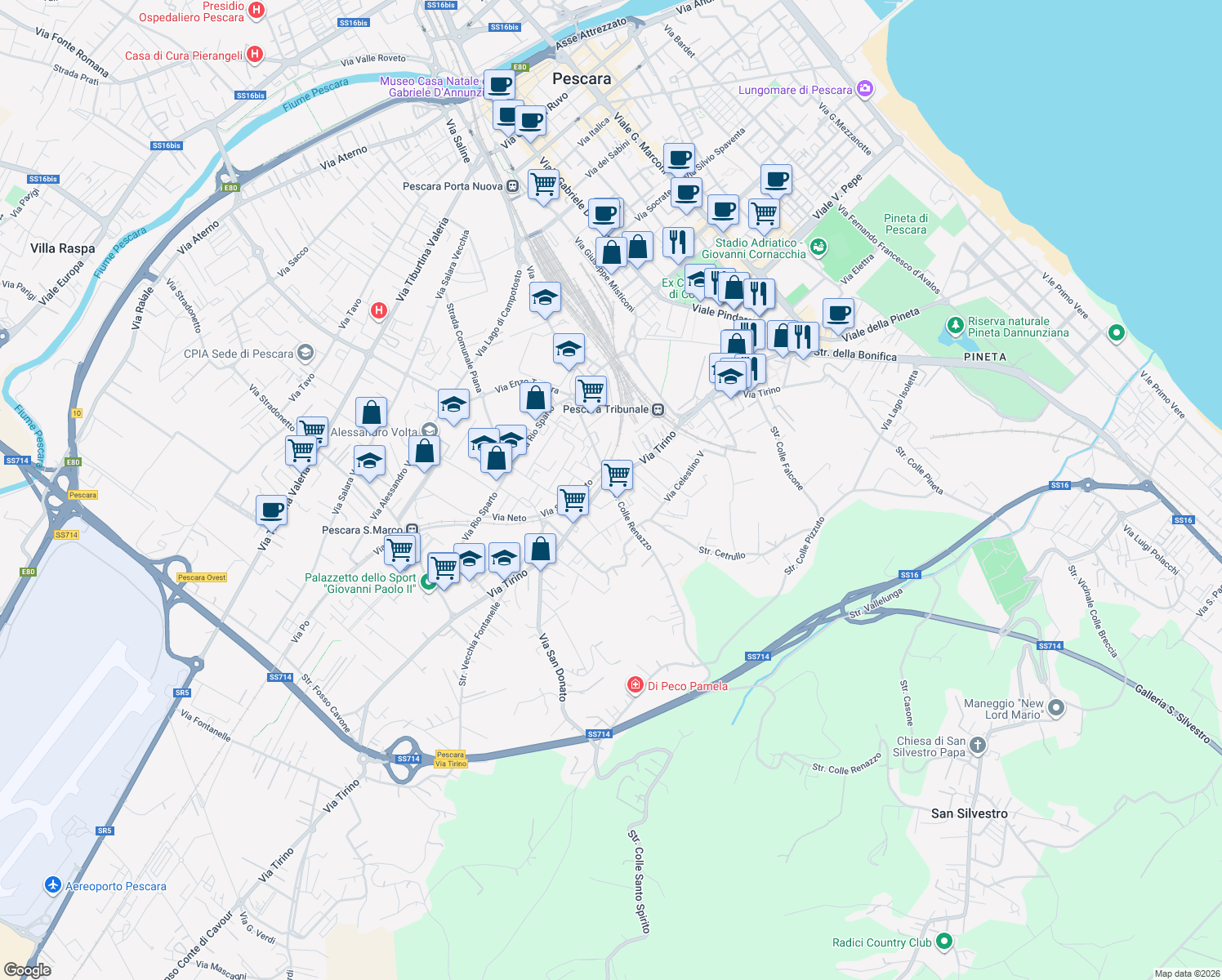 map of restaurants, bars, coffee shops, grocery stores, and more near 173 Via Tirino in Pescara