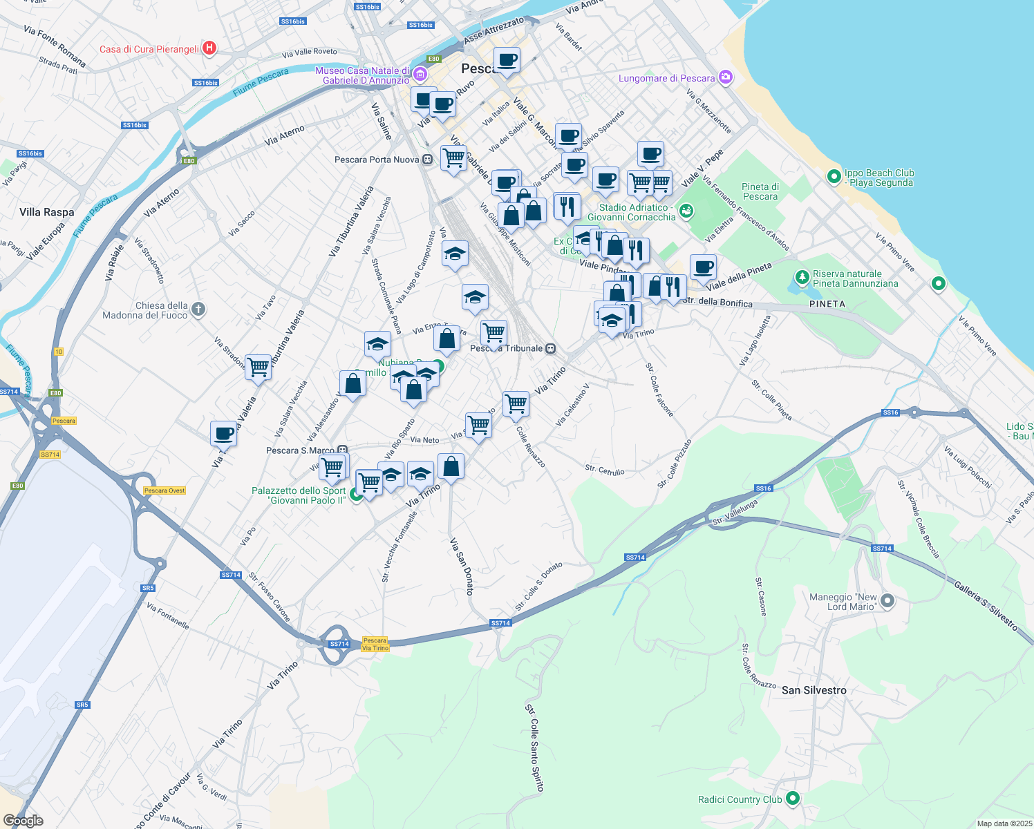map of restaurants, bars, coffee shops, grocery stores, and more near Strada Colle Renazzo in Pescara