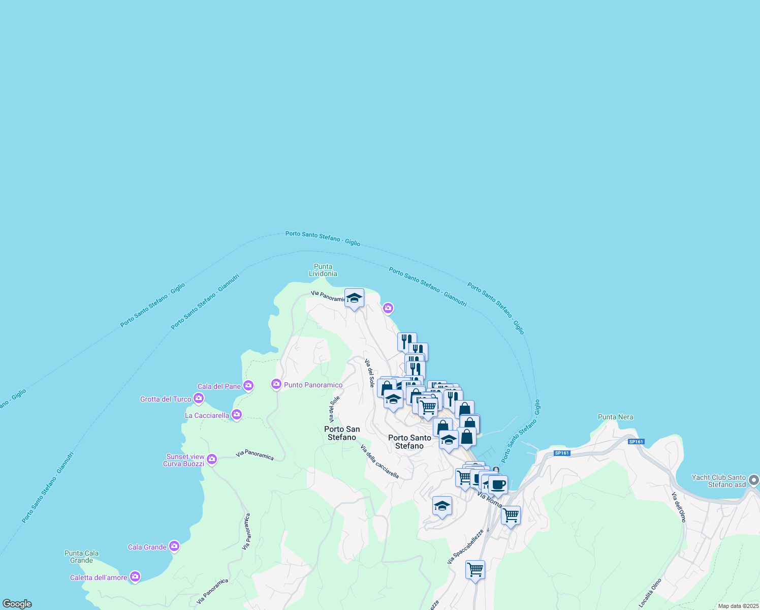 map of restaurants, bars, coffee shops, grocery stores, and more near 22 Via dei Fari in Porto Santo Stefano