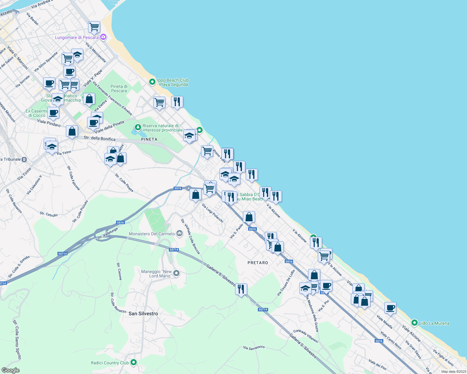 map of restaurants, bars, coffee shops, grocery stores, and more near Via Italo de Sanctis in Pescara