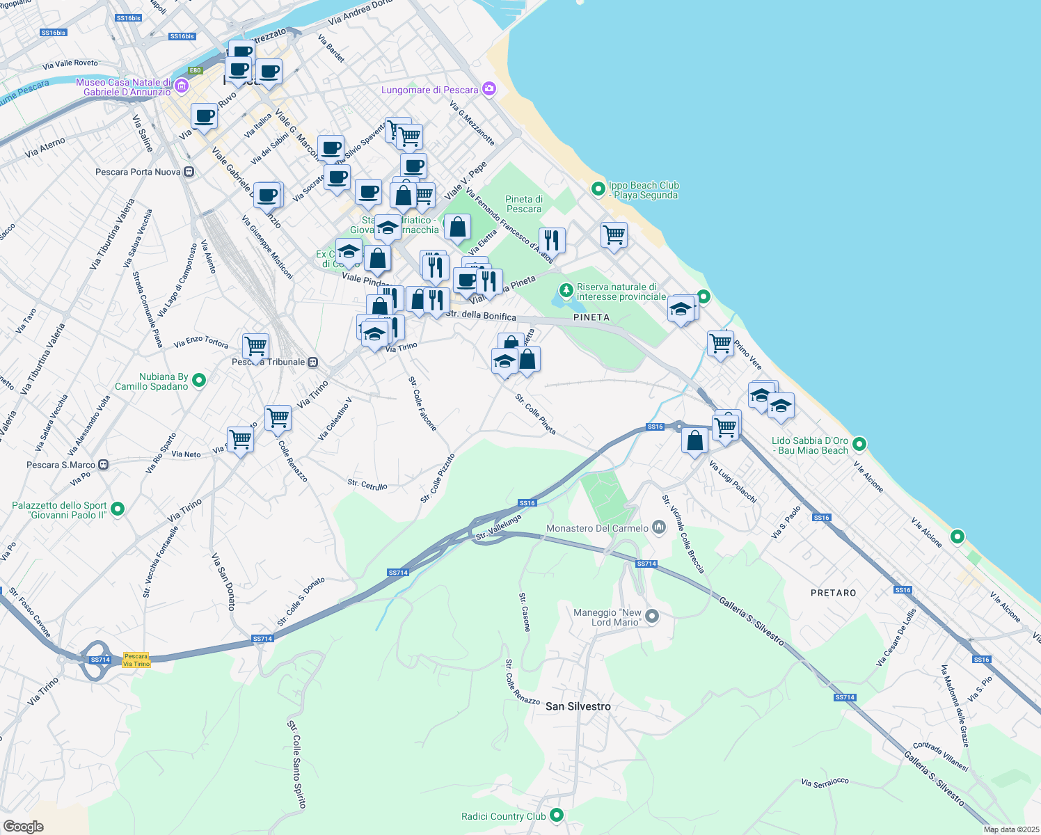 map of restaurants, bars, coffee shops, grocery stores, and more near 12 Via Lago di Martignano in Pescara
