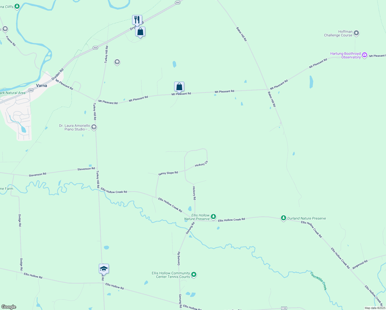 map of restaurants, bars, coffee shops, grocery stores, and more near 40 Hickory Cir in Ithaca