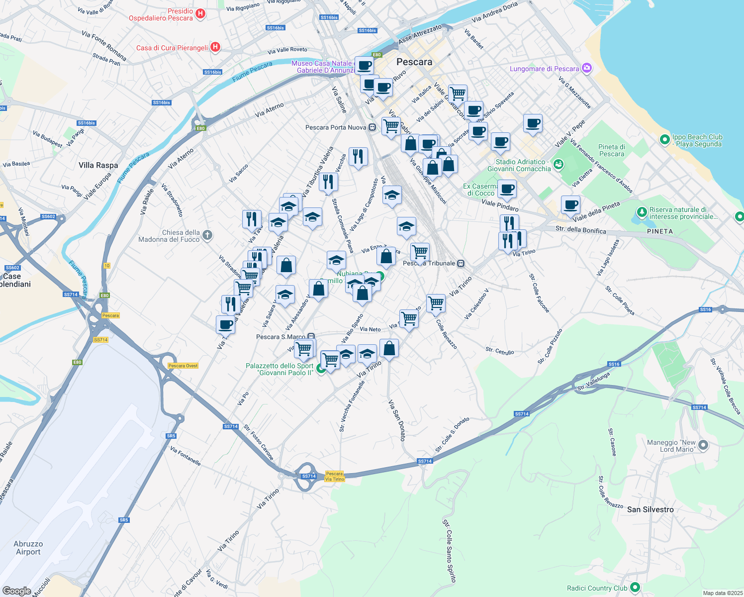 map of restaurants, bars, coffee shops, grocery stores, and more near Via Rio Sparto in Pescara