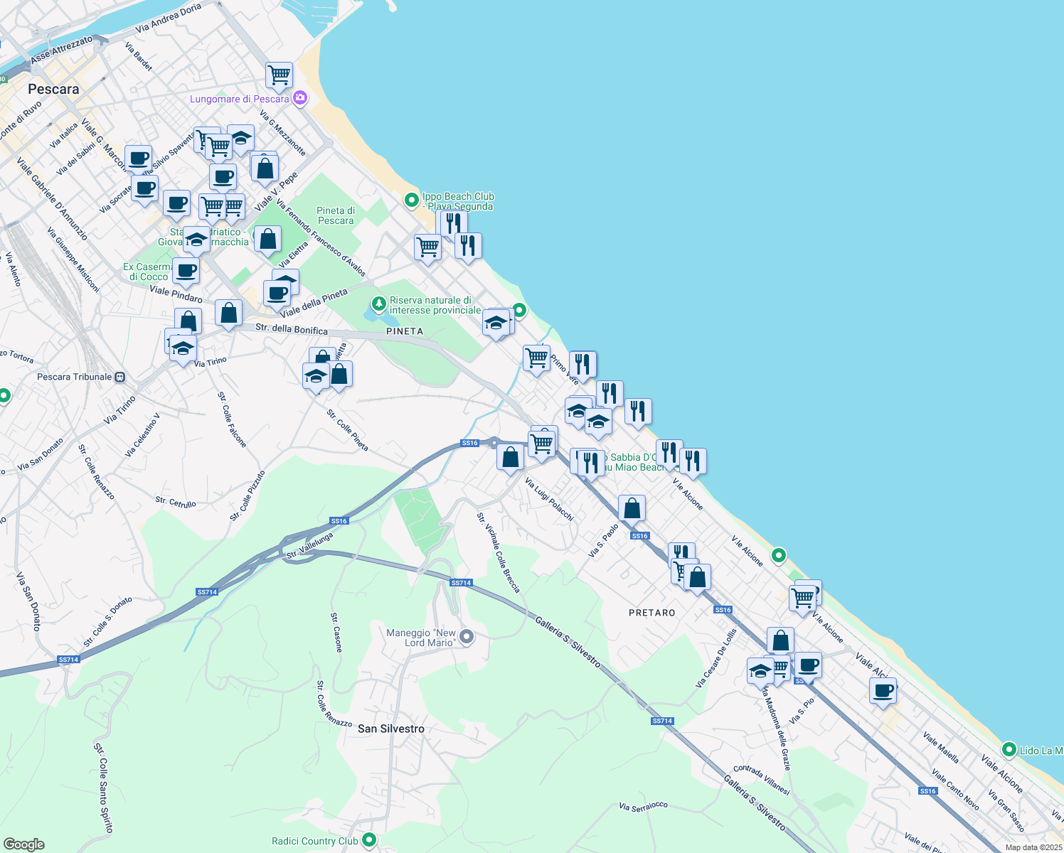 map of restaurants, bars, coffee shops, grocery stores, and more near Viale Antonelli in Pescara