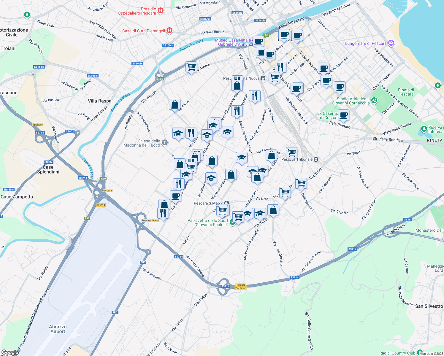 map of restaurants, bars, coffee shops, grocery stores, and more near 26 Via Alessandro Volta in Pescara