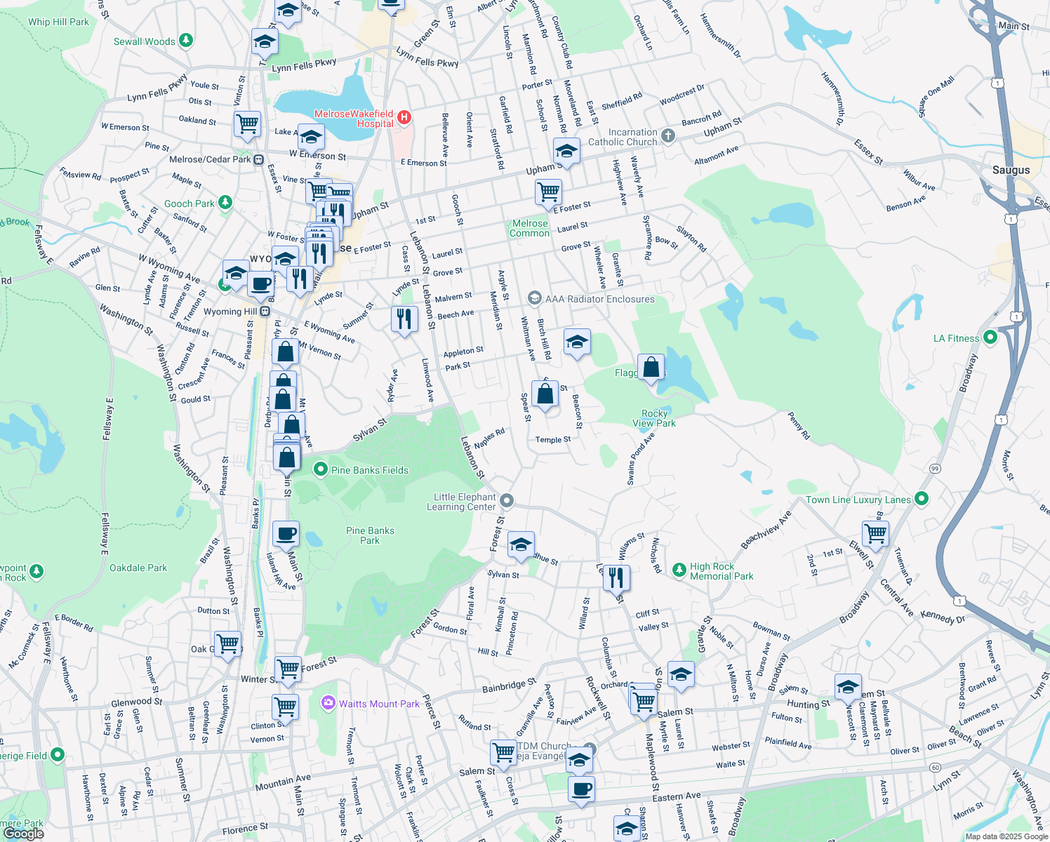map of restaurants, bars, coffee shops, grocery stores, and more near 22 Spear Street in Melrose