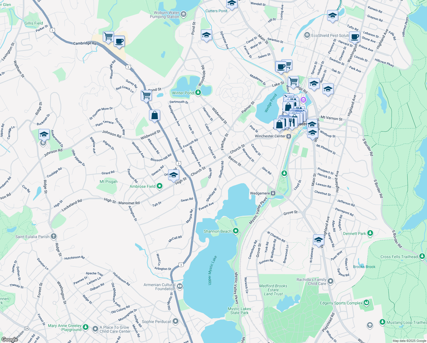 map of restaurants, bars, coffee shops, grocery stores, and more near 8 Glen Road in Winchester