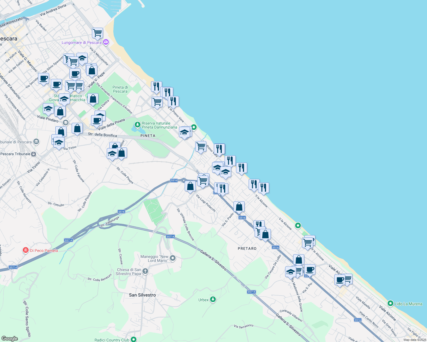 map of restaurants, bars, coffee shops, grocery stores, and more near 8 Via Luigi Anelli in Pescara