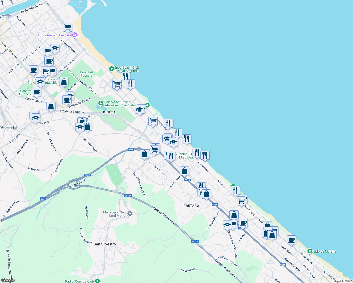 map of restaurants, bars, coffee shops, grocery stores, and more near 110 Viale Alcione in Pescara