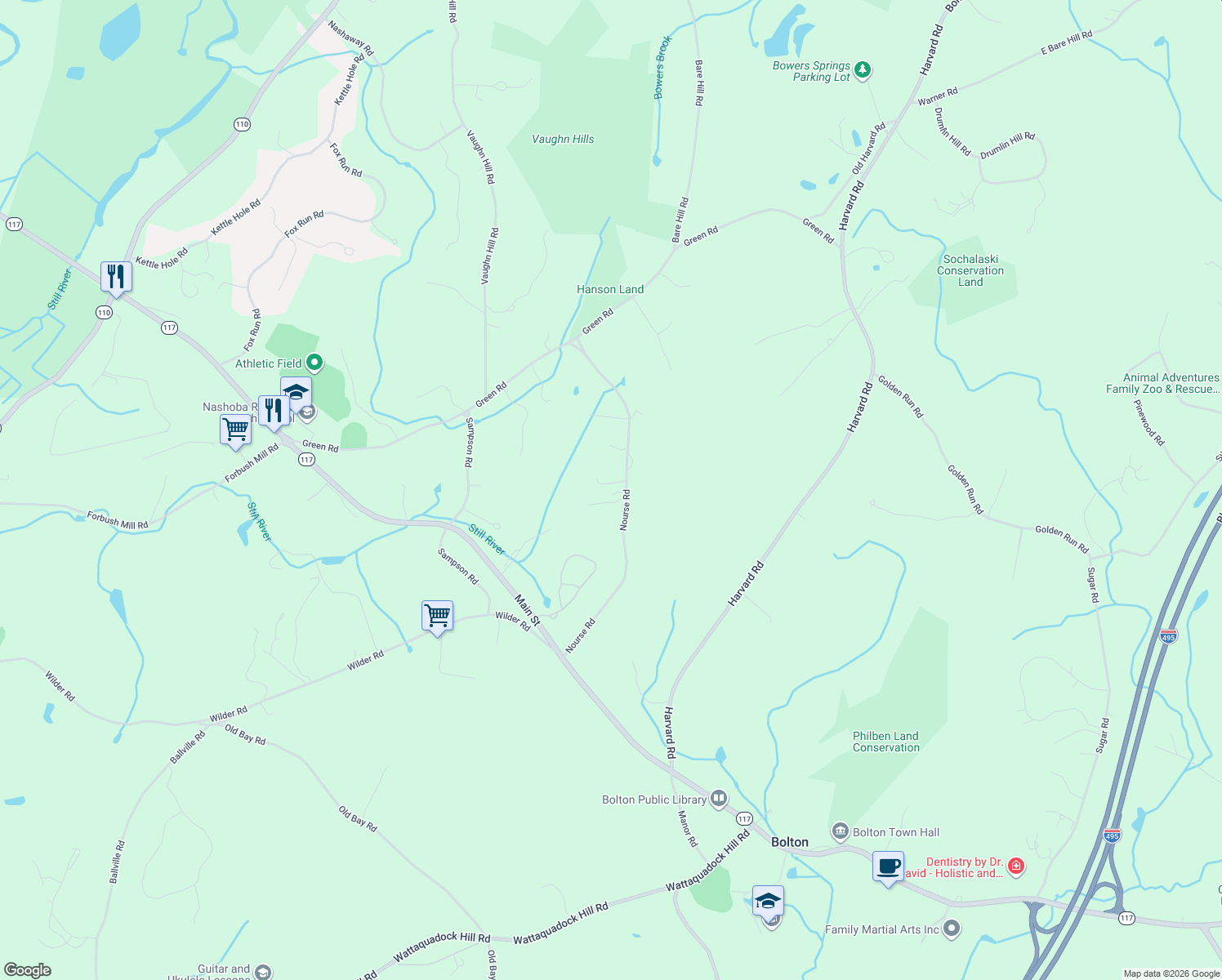 map of restaurants, bars, coffee shops, grocery stores, and more near 104 Nourse Road in Bolton