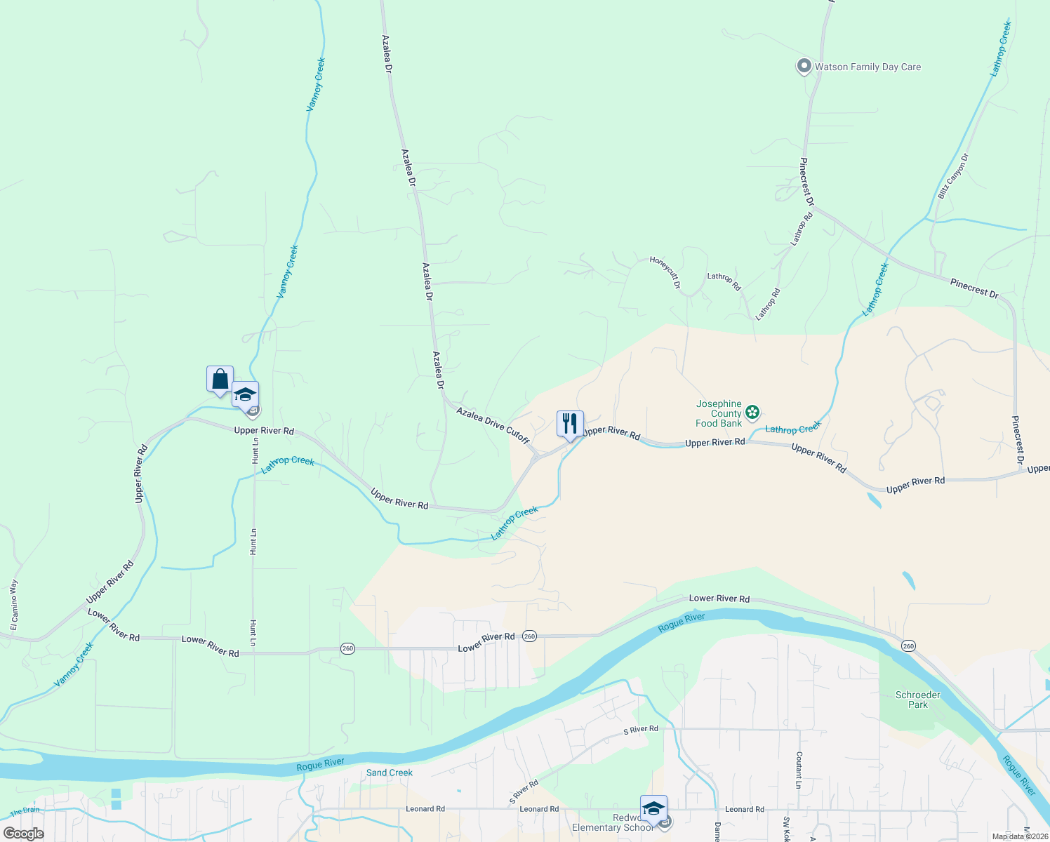 map of restaurants, bars, coffee shops, grocery stores, and more near 101 Azalea Drive in Grants Pass