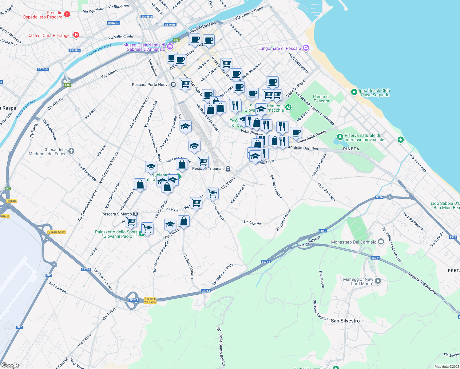 map of restaurants, bars, coffee shops, grocery stores, and more near 107 Via Tirino in Pescara