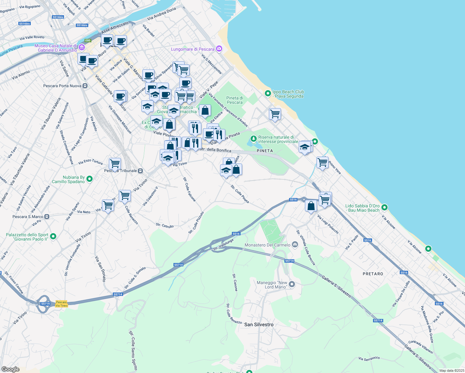 map of restaurants, bars, coffee shops, grocery stores, and more near 12 Via Lago di Martignano in Pescara
