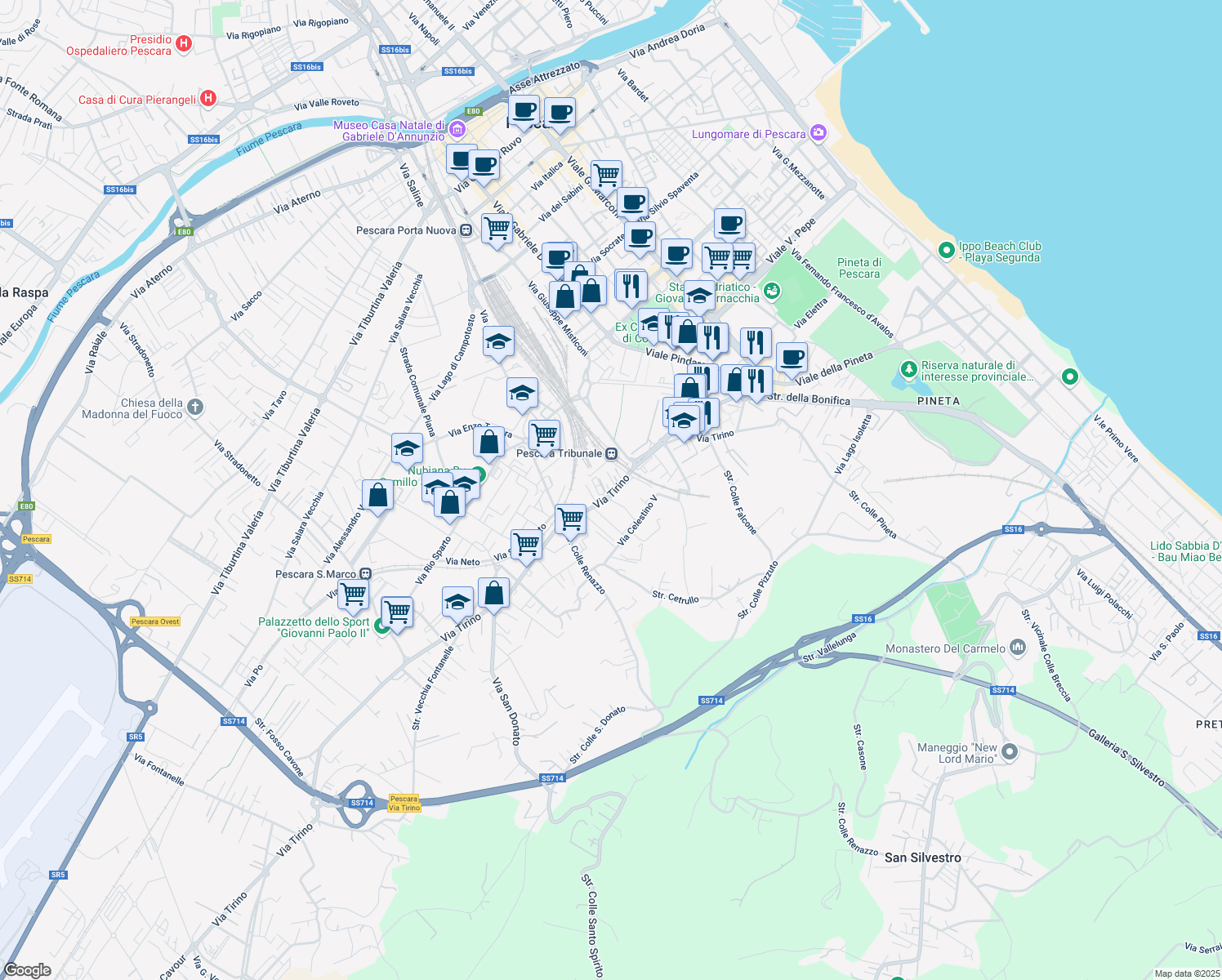 map of restaurants, bars, coffee shops, grocery stores, and more near 107 Via Tirino in Pescara