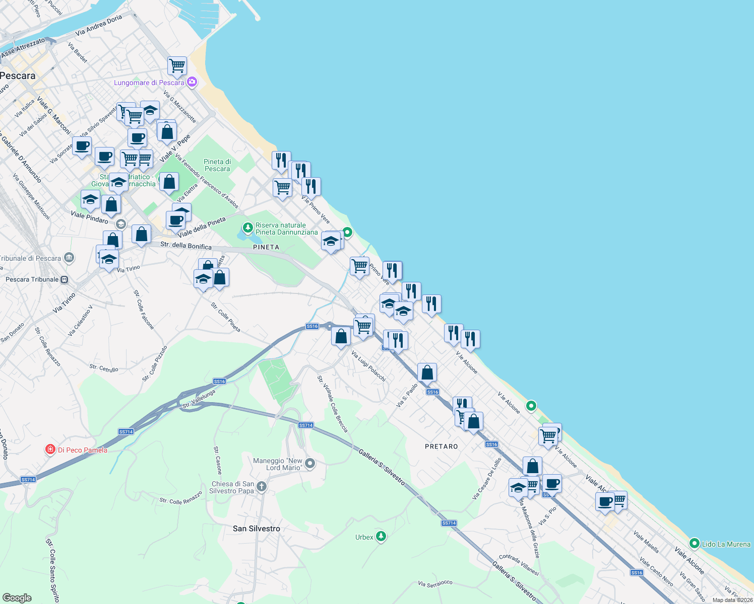 map of restaurants, bars, coffee shops, grocery stores, and more near 8 Via Luigi Anelli in Pescara