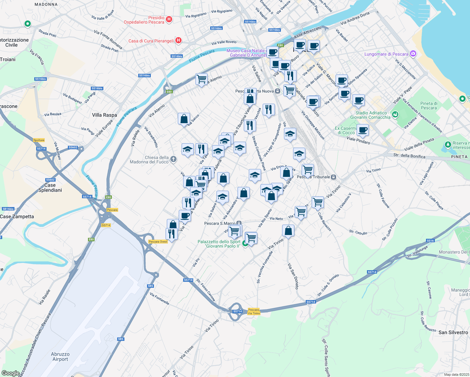 map of restaurants, bars, coffee shops, grocery stores, and more near Beato Nunzio Sulprizio in Pescara