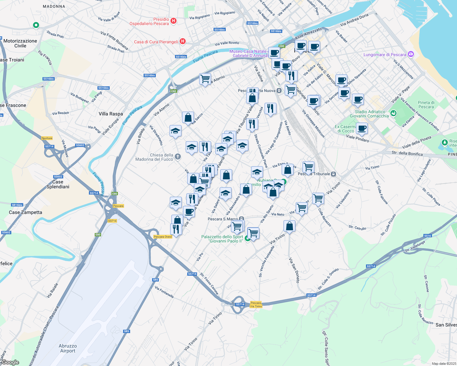 map of restaurants, bars, coffee shops, grocery stores, and more near 38 Via Salara Vecchia in Pescara