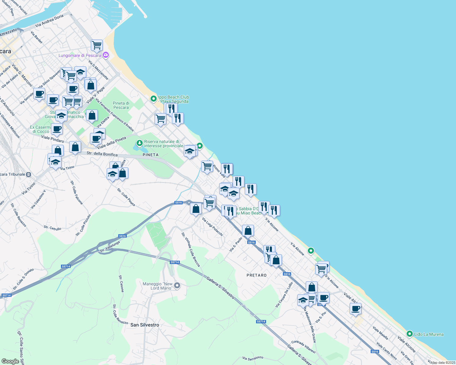 map of restaurants, bars, coffee shops, grocery stores, and more near 110 Viale Alcione in Pescara
