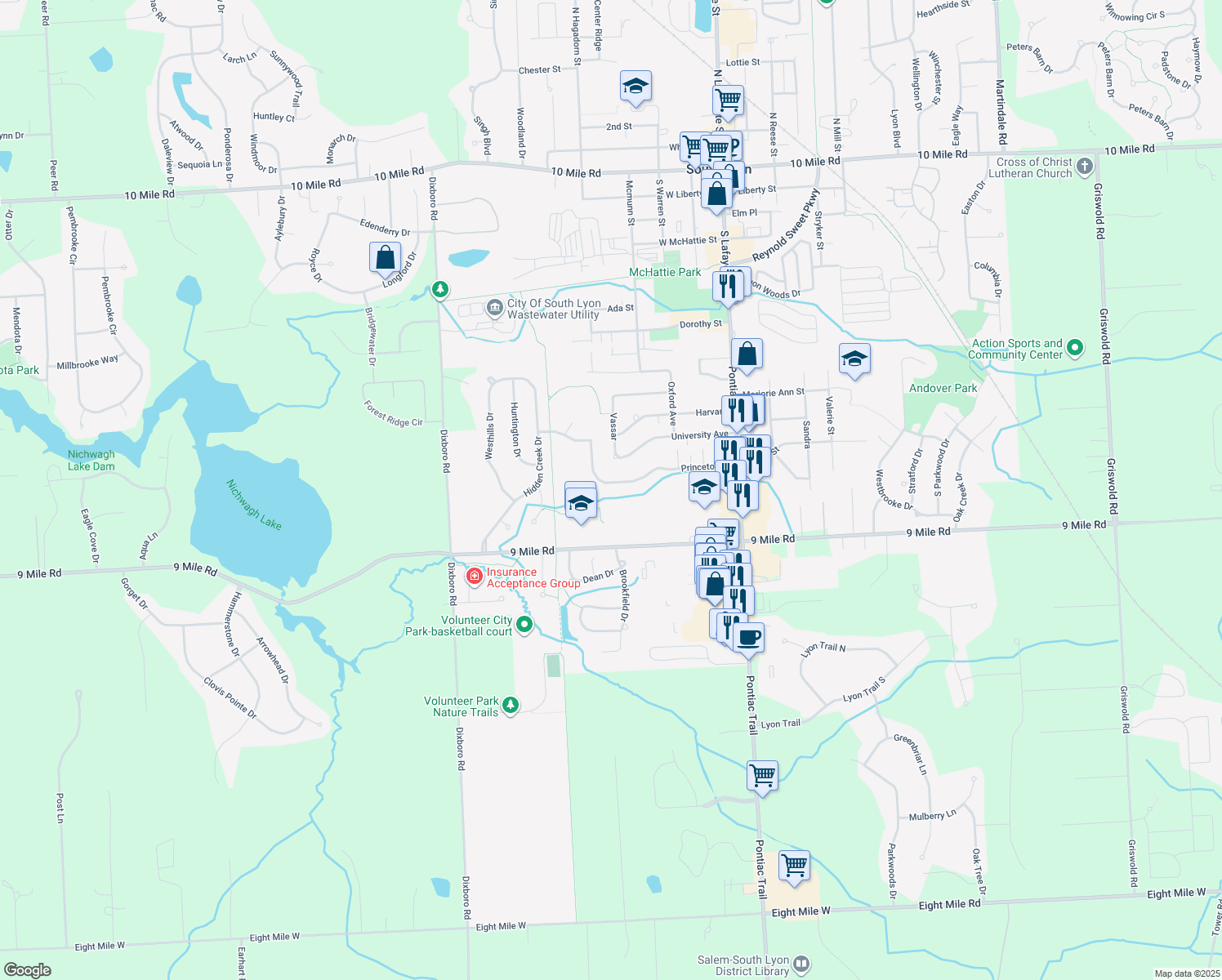map of restaurants, bars, coffee shops, grocery stores, and more near 401 Princeton Drive in South Lyon