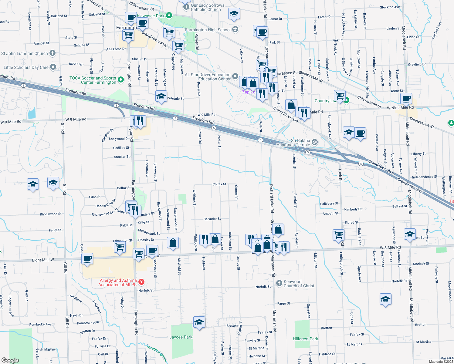 map of restaurants, bars, coffee shops, grocery stores, and more near 31800 Colfax St in Farmington Hills