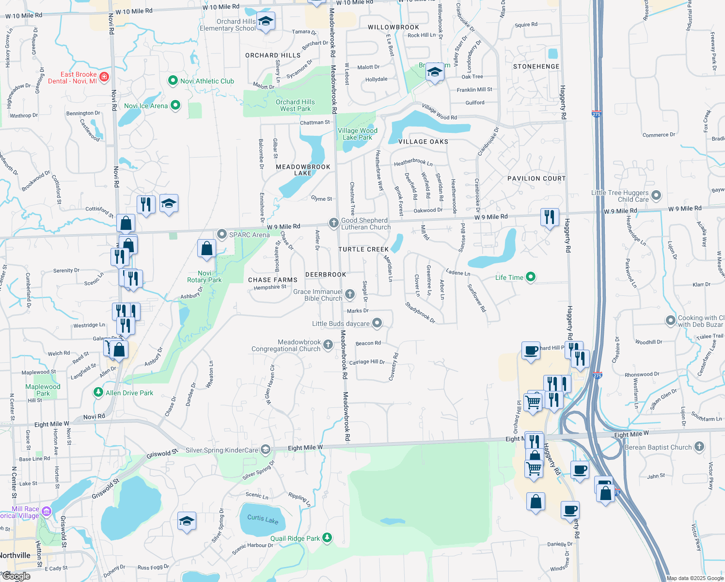 map of restaurants, bars, coffee shops, grocery stores, and more near 21811 Siegal Dr in Novi