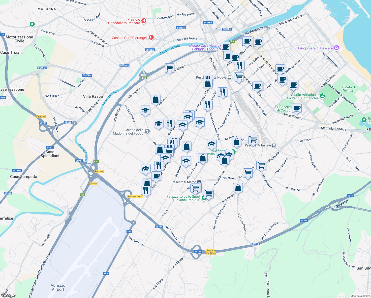 map of restaurants, bars, coffee shops, grocery stores, and more near 38 Via Salara Vecchia in Pescara