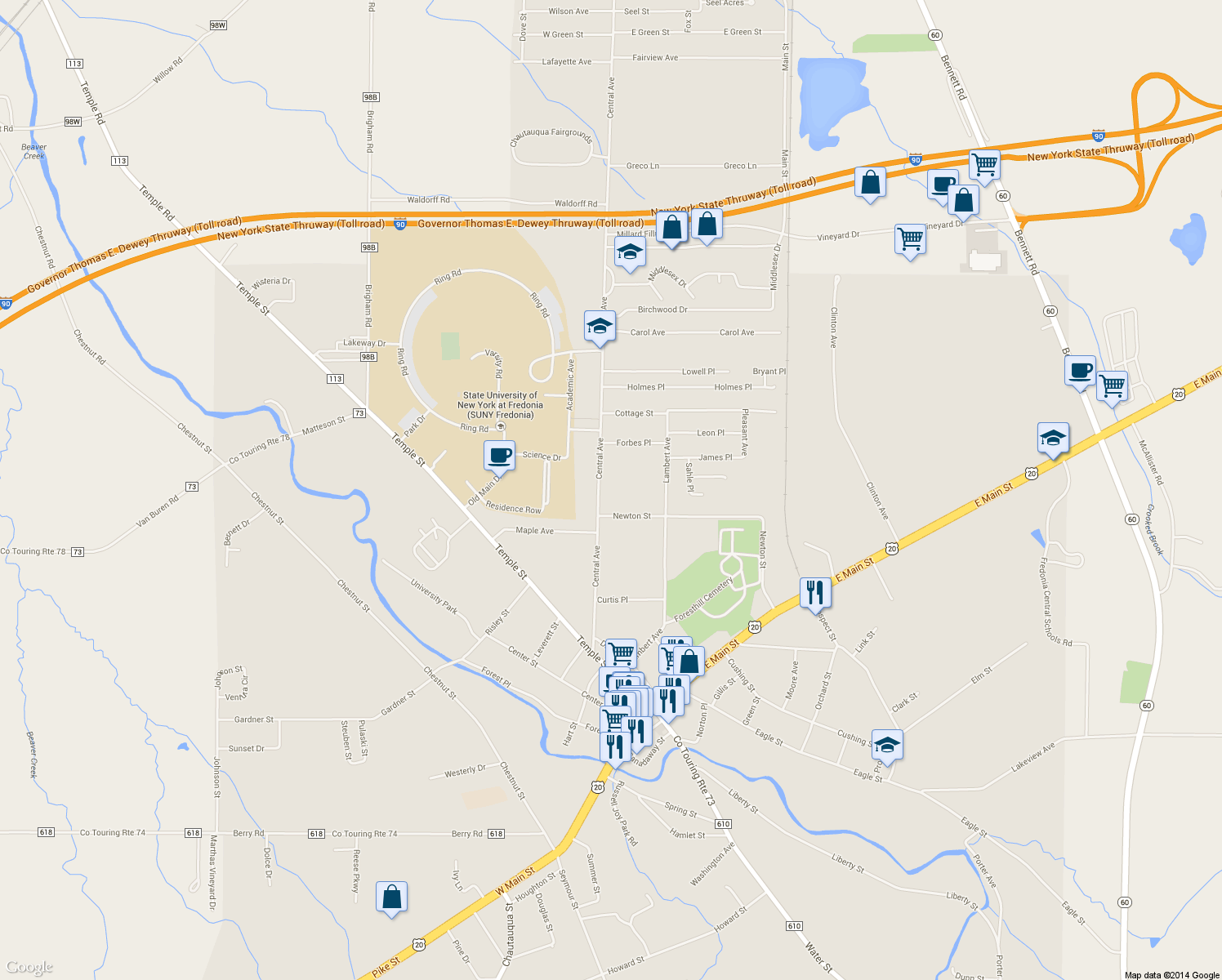 map of restaurants, bars, coffee shops, grocery stores, and more near 159 Central Ave in Fredonia