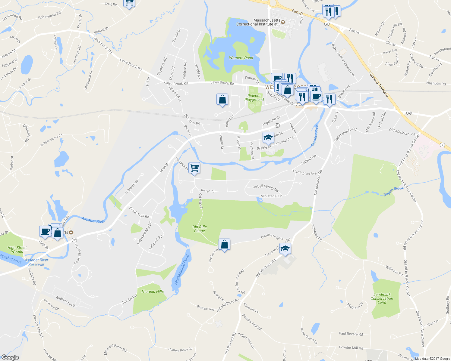 map of restaurants, bars, coffee shops, grocery stores, and more near 230 Harrington Avenue in Concord
