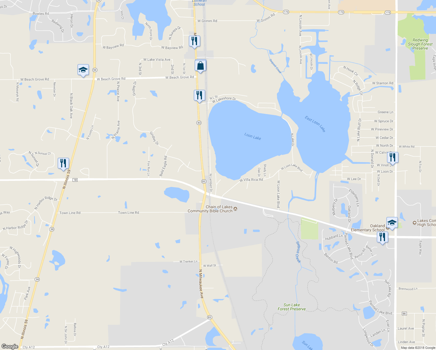 map of restaurants, bars, coffee shops, grocery stores, and more near 40271 Northwest Shore Drive in Antioch
