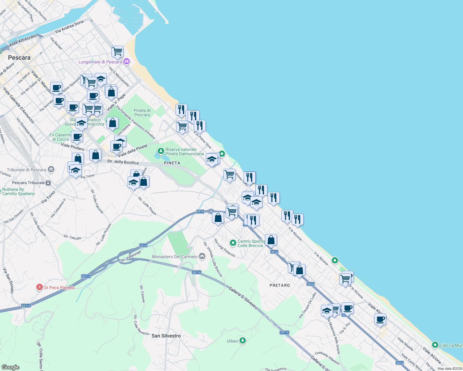 map of restaurants, bars, coffee shops, grocery stores, and more near 14 Piazza Alcyone in Pescara