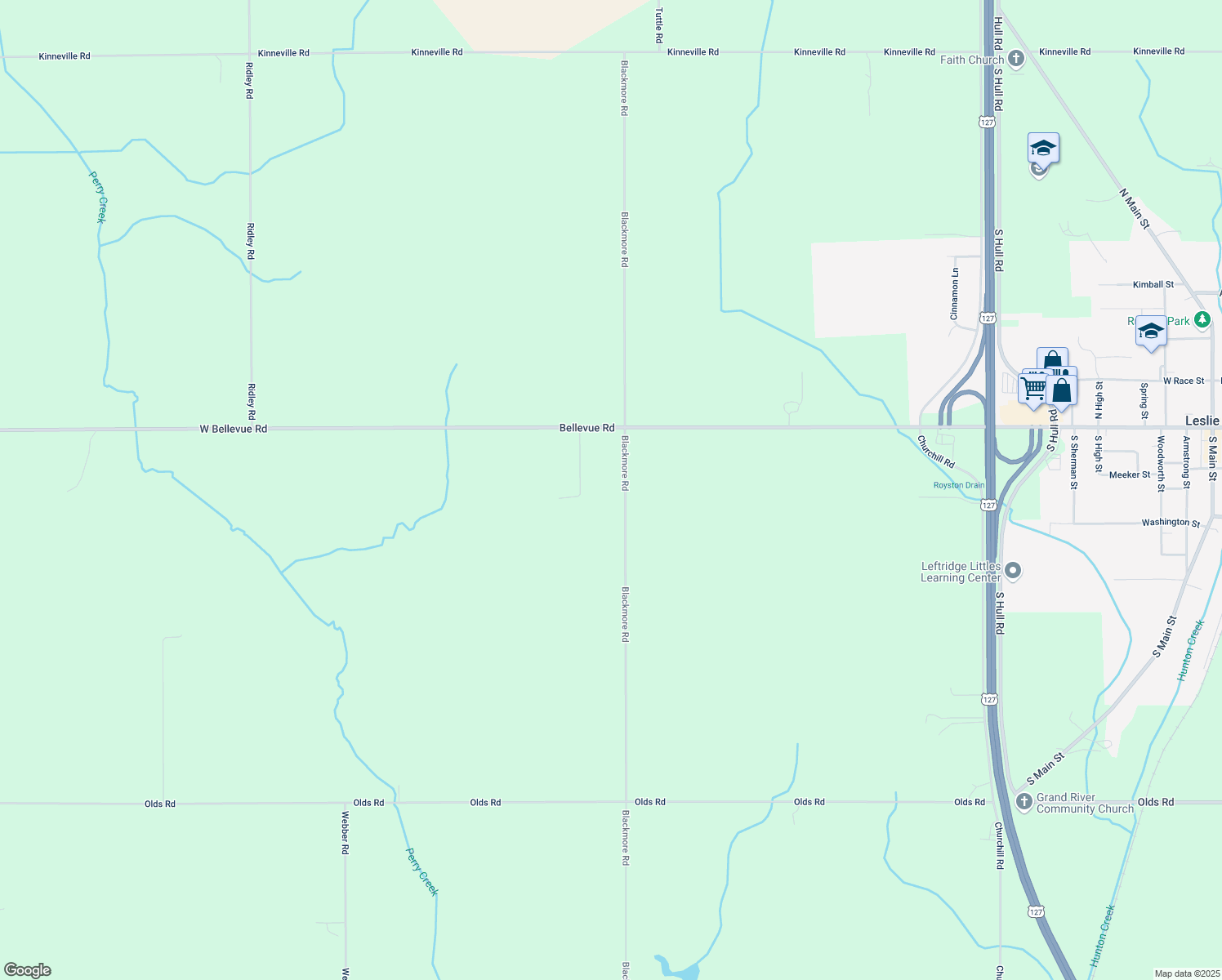 map of restaurants, bars, coffee shops, grocery stores, and more near 4594 Blackmore Road in Leslie