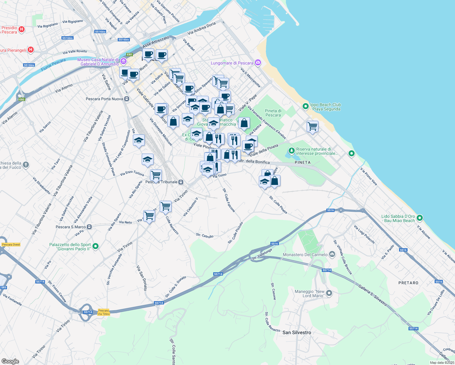 map of restaurants, bars, coffee shops, grocery stores, and more near Via Lago di Varano in Pescara