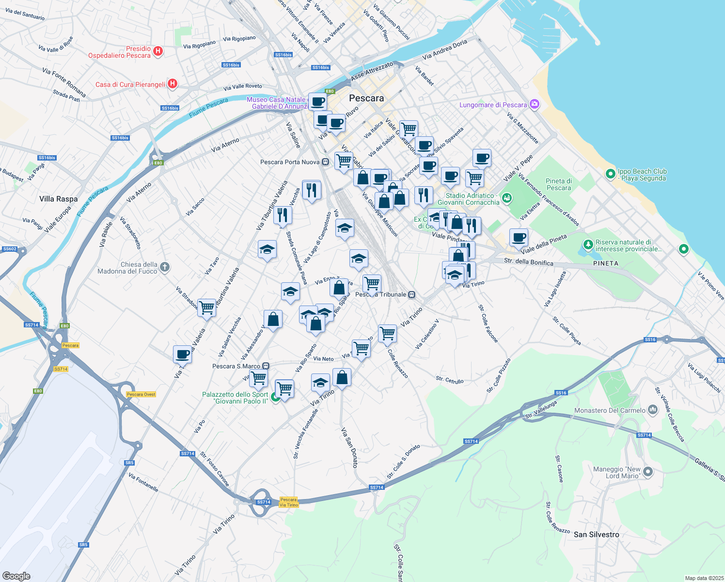 map of restaurants, bars, coffee shops, grocery stores, and more near 17 Via San Donato in Pescara