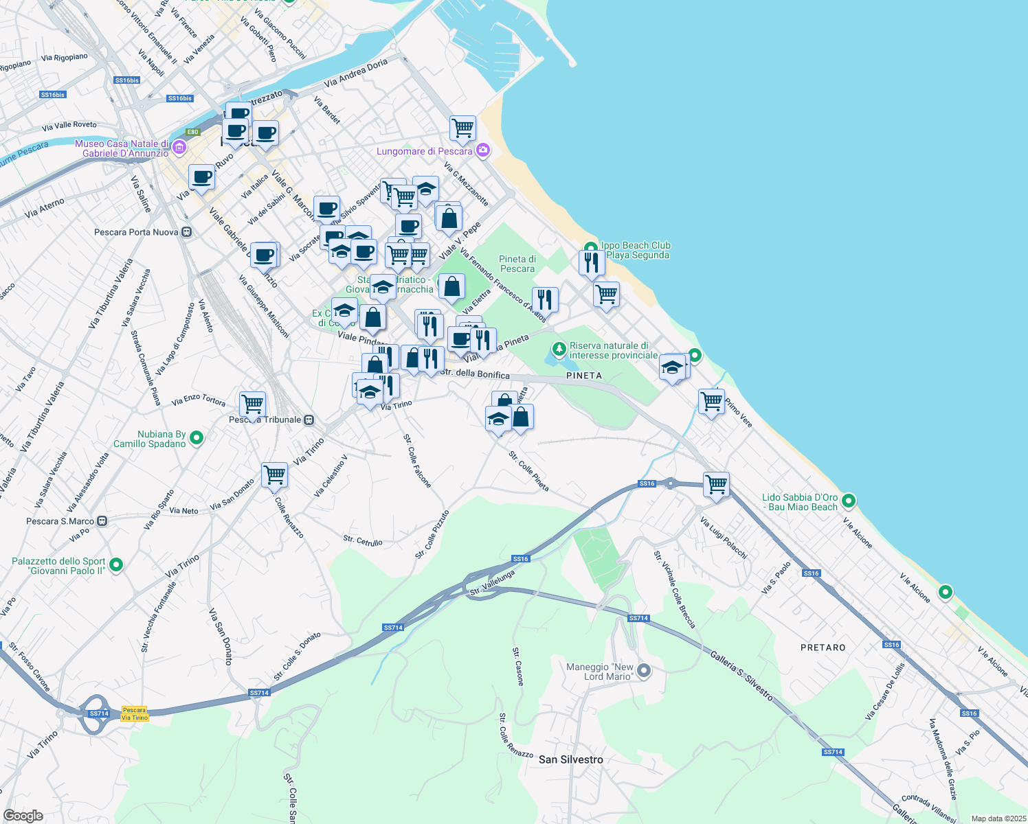map of restaurants, bars, coffee shops, grocery stores, and more near 13 Via Lago Isoletta in Pescara