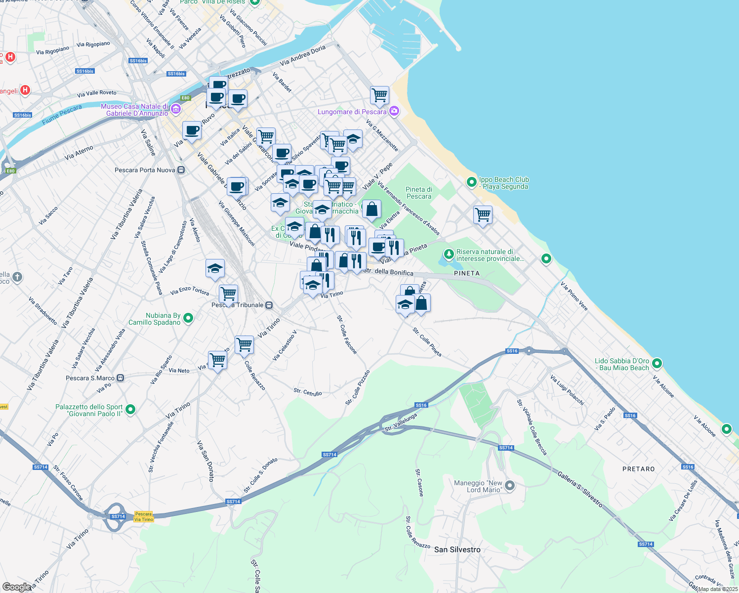 map of restaurants, bars, coffee shops, grocery stores, and more near 30 Strada Colle Pineta in Pescara