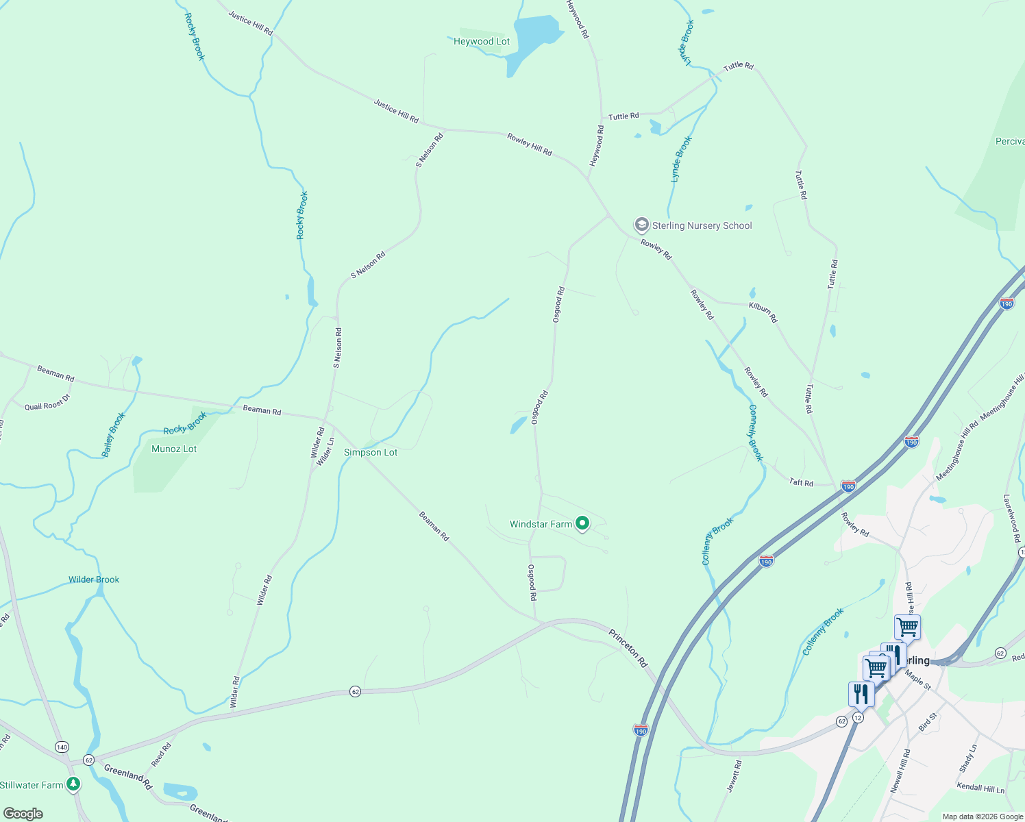 map of restaurants, bars, coffee shops, grocery stores, and more near 54 Osgood Road in Sterling