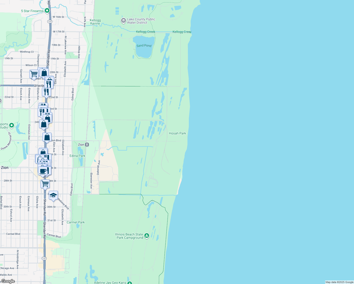 map of restaurants, bars, coffee shops, grocery stores, and more near 100 Shiloh Boulevard in Zion