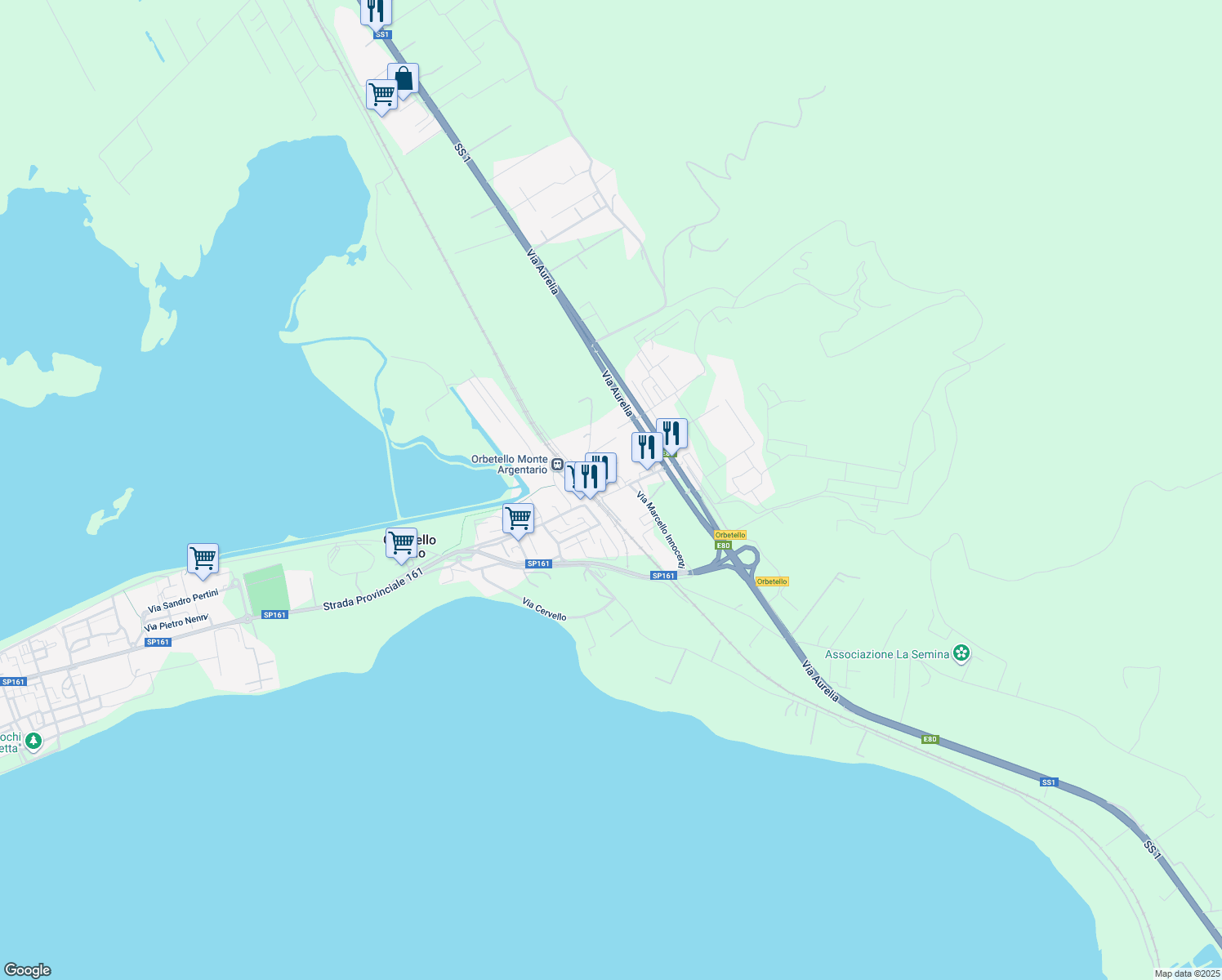 map of restaurants, bars, coffee shops, grocery stores, and more near 17I Via Giancarlo Pantini in Orbetello Scalo