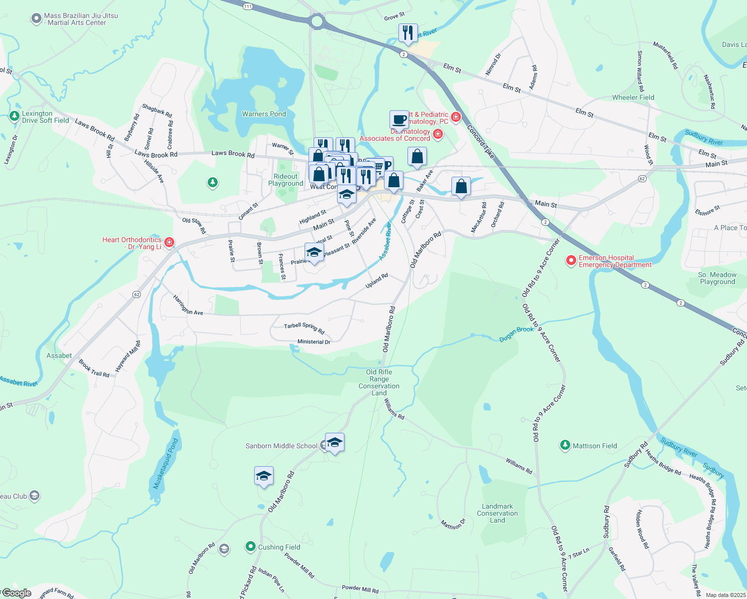 map of restaurants, bars, coffee shops, grocery stores, and more near 561 Harrington Avenue in Concord