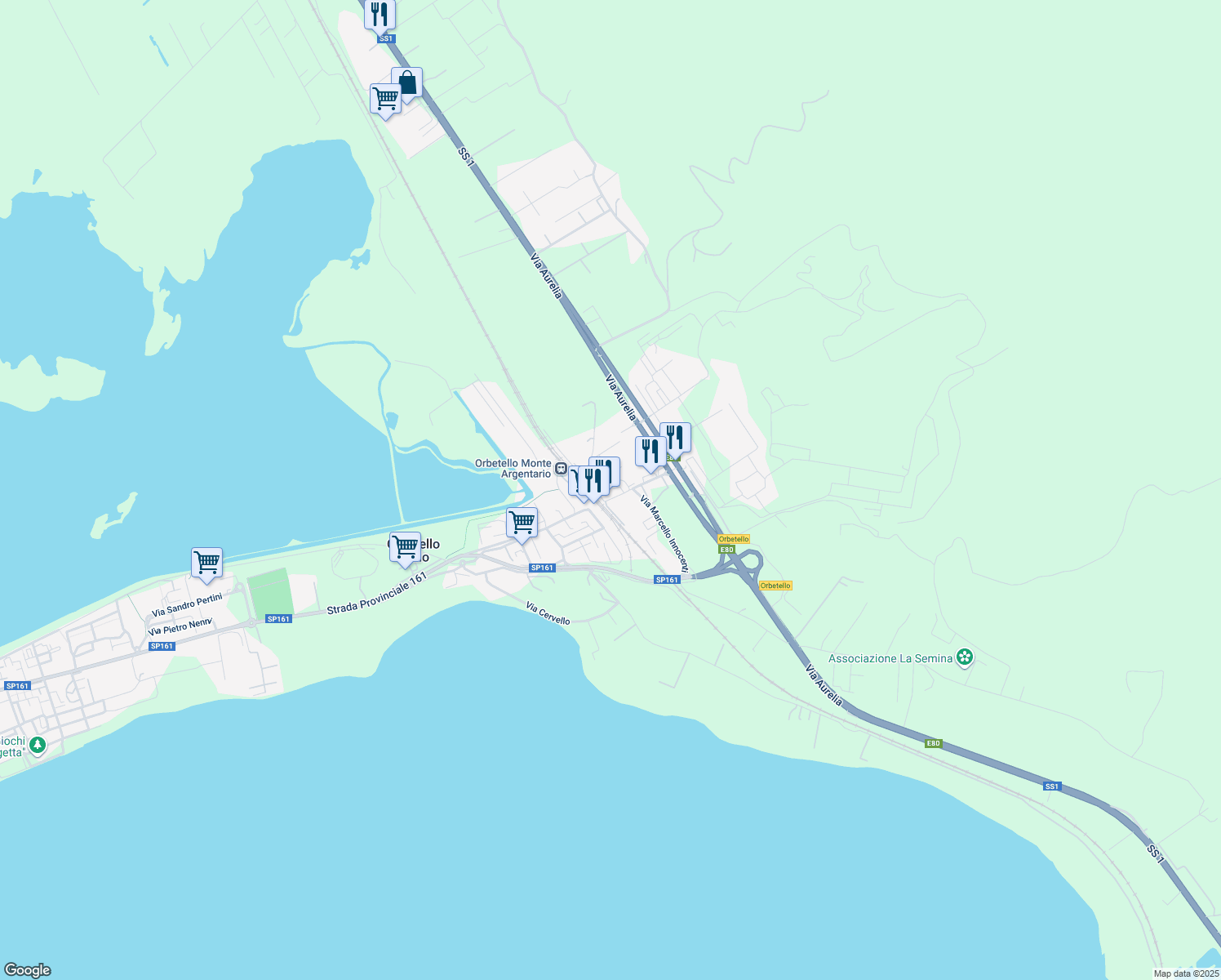 map of restaurants, bars, coffee shops, grocery stores, and more near 17I Via Giancarlo Pantini in Orbetello Scalo