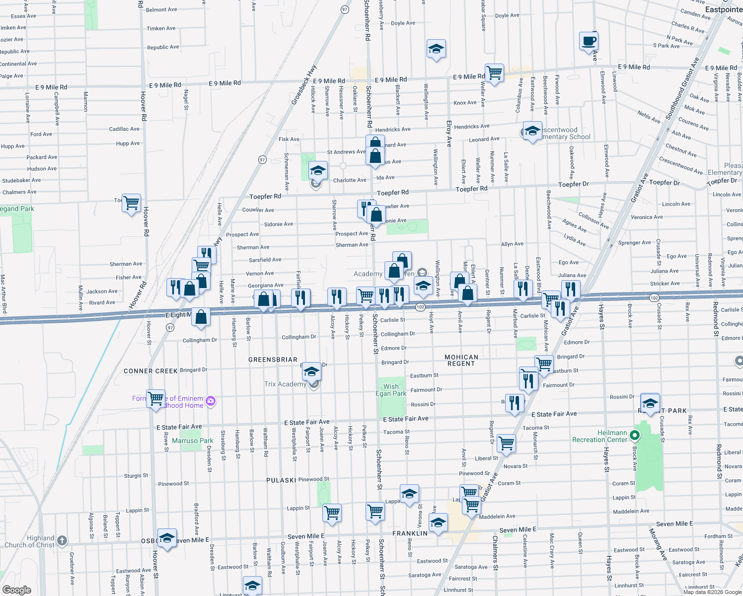 map of restaurants, bars, coffee shops, grocery stores, and more near 20711 Schoenherr Rd in Warren
