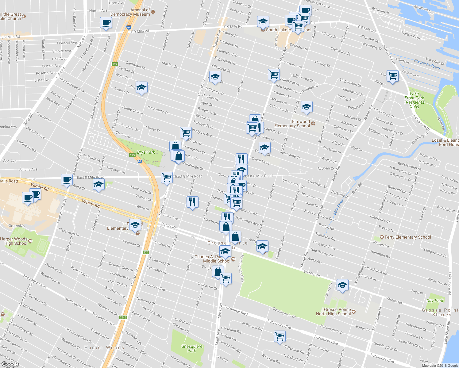 map of restaurants, bars, coffee shops, grocery stores, and more near 1988 Brys Drive in Grosse Pointe Woods
