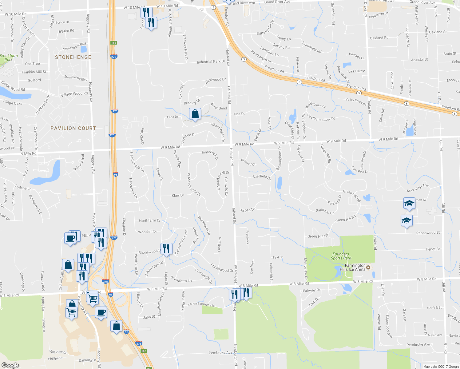 map of restaurants, bars, coffee shops, grocery stores, and more near 21772 Glenwild Drive in Northville