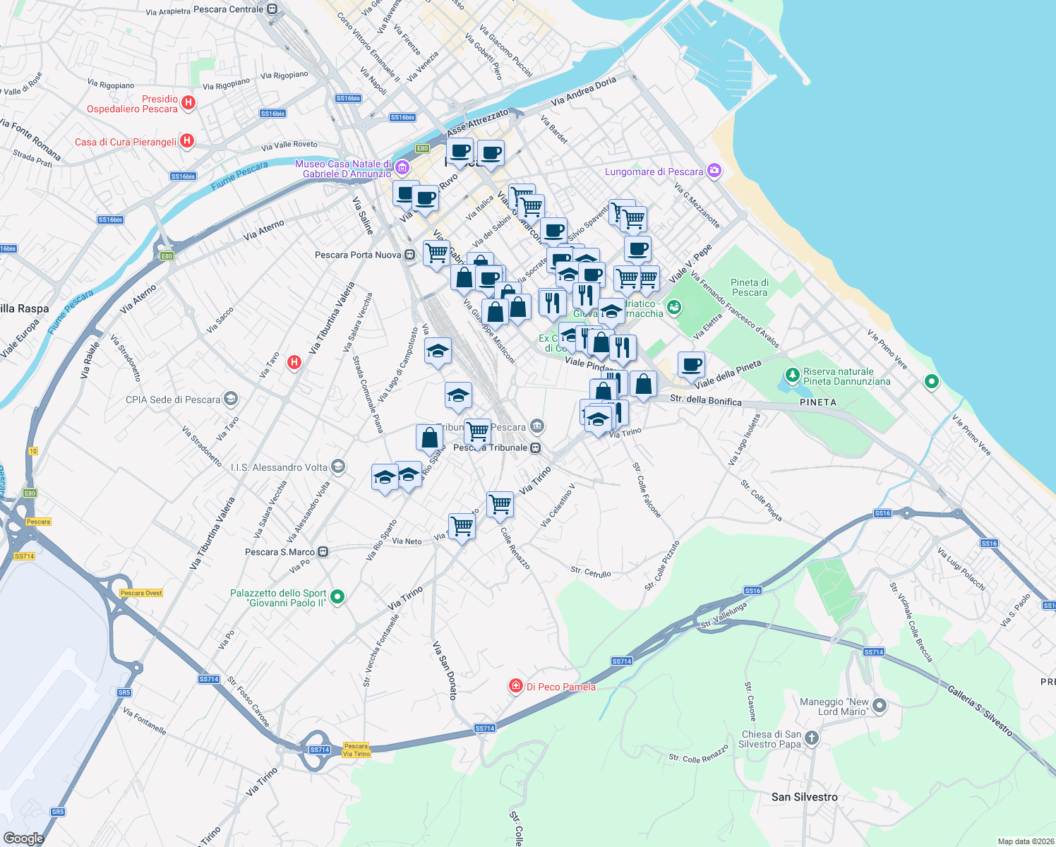 map of restaurants, bars, coffee shops, grocery stores, and more near Via Antonio Lo Feudo in Pescara